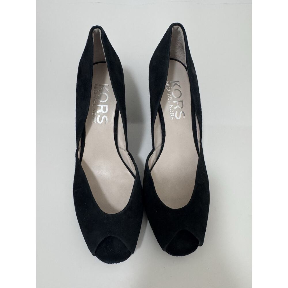 Michael Kors Black Suede Peep Toe Wedge Leather Sole Pump Size 8.5M